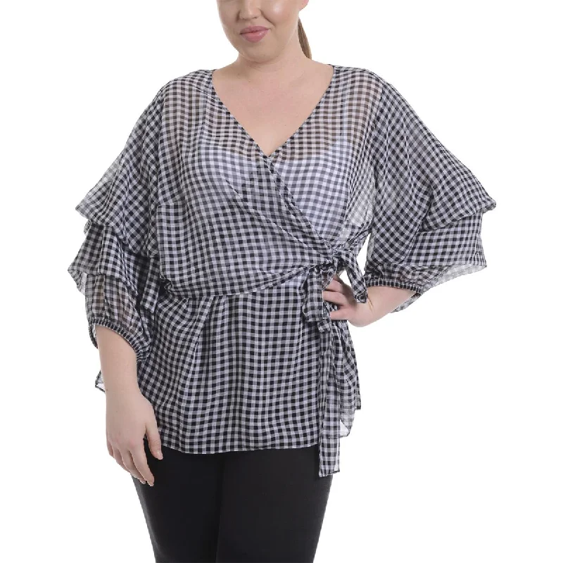 NY Collection Womens Plus Sheer Gingham Wrap Top