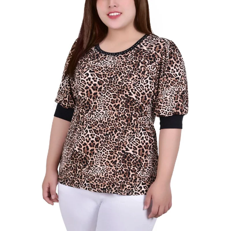 NY Collection Womens Plus Studded Elbow Sleeve Blouse