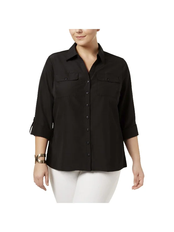 Plus Womens Collared Office Wear Button-Down Top