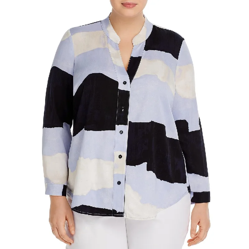 Plus Womens Colorblock HI-Low Button-Down Top