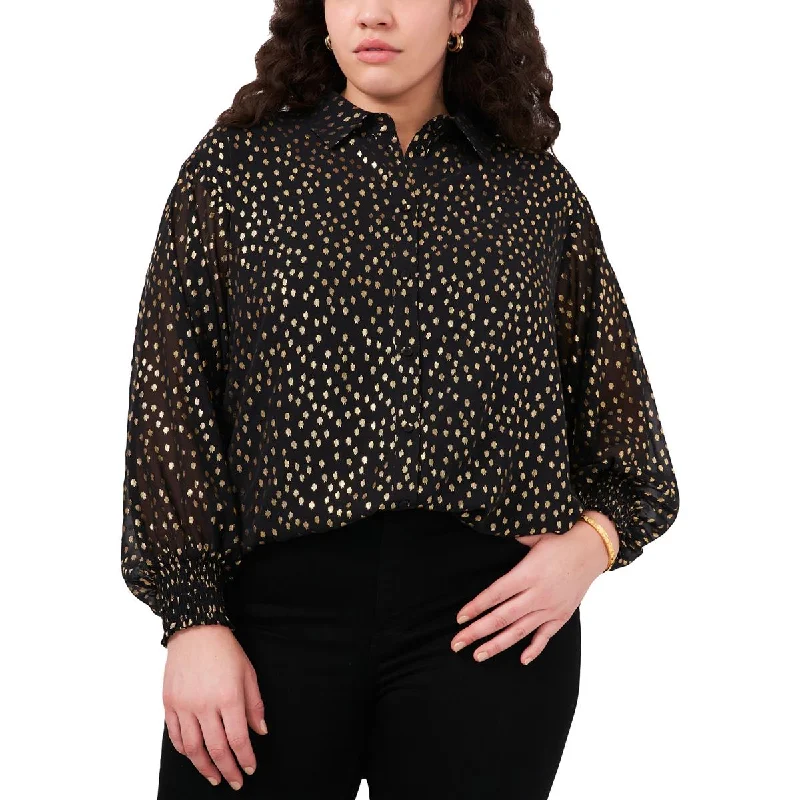 Plus Womens Metallic Button-Down Blouse