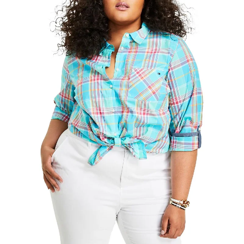 Plus Womens Plaid Tie Front Button-Down Top