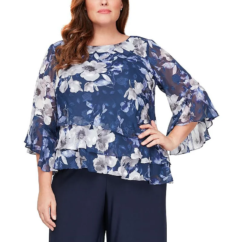 Plus Womens Tiered Hem Floral Blouse