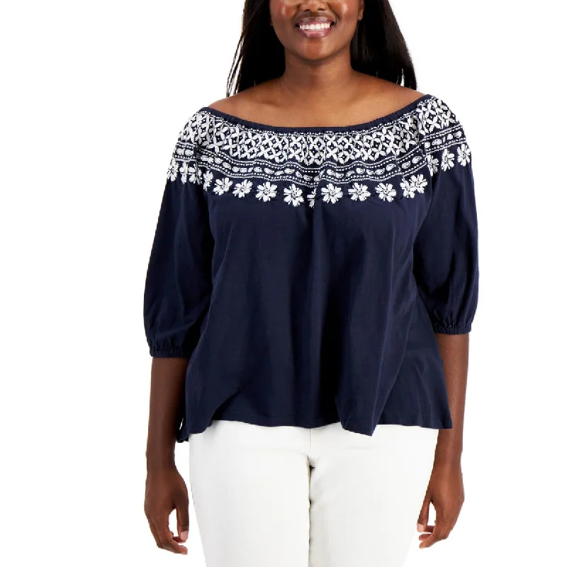 Tommy Hilfiger Womens Plus Cotton Off-The-Shoulder Blouse