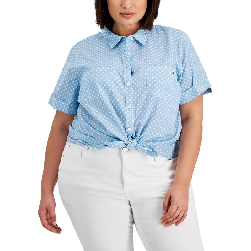 Tommy Hilfiger Womens Plus Cotton Polka Dot Button-Down Top