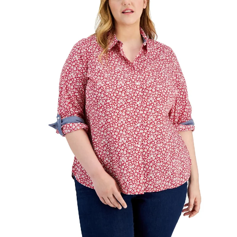 Tommy Hilfiger Womens Plus Floral Print Point-Collar Button-Down Top