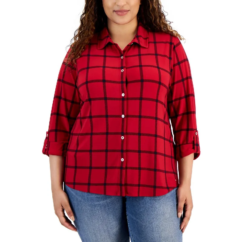 Tommy Hilfiger Womens Plus Plaid Work Wear Blouse