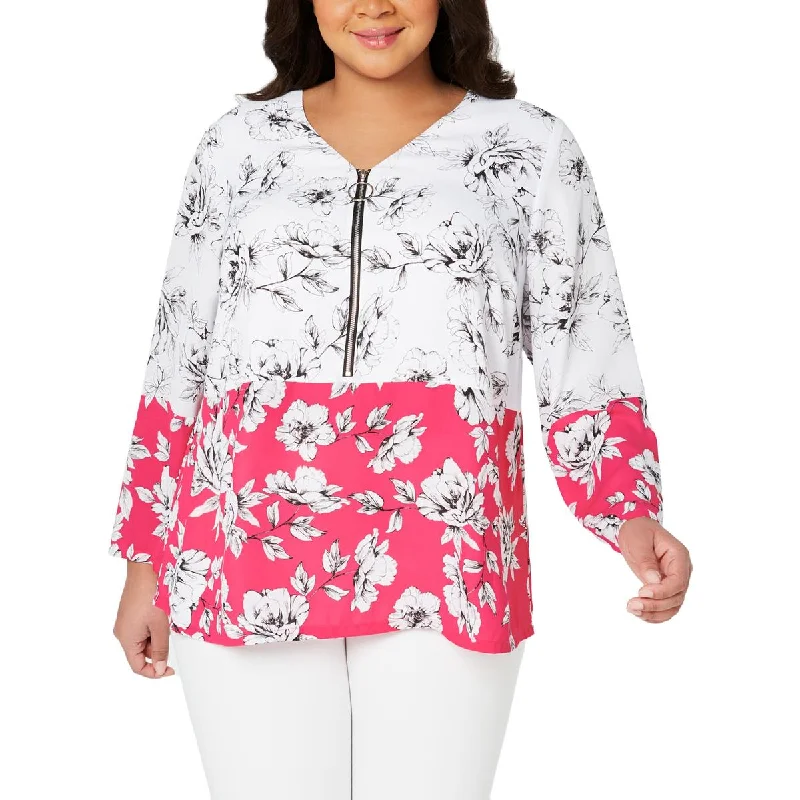 Alfani Womens Plus Floral Zip-Front Blouse