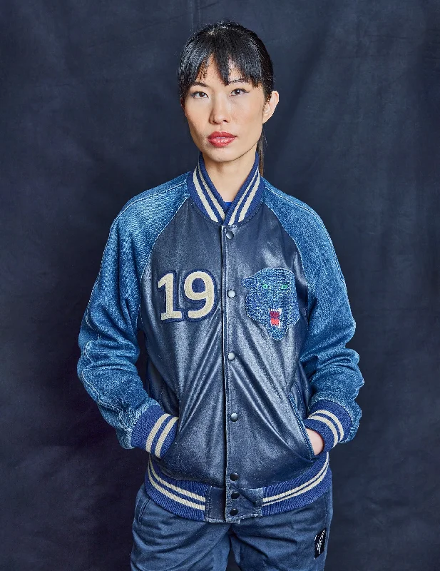 Bowie Denim and Leather Varsity Bomber Jacket