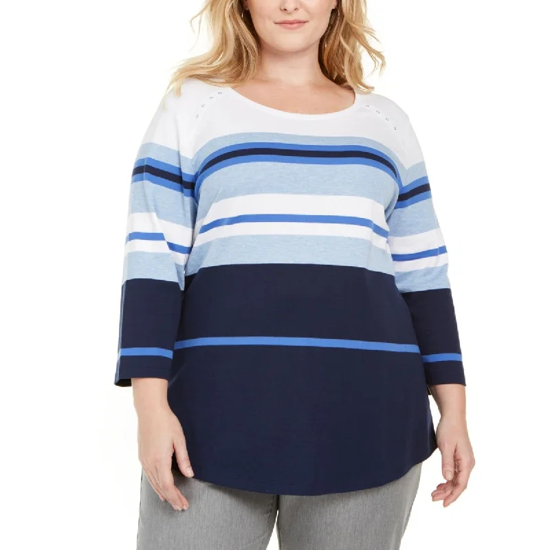 Karen Scott Sport Womens Plus Striped Casual Top