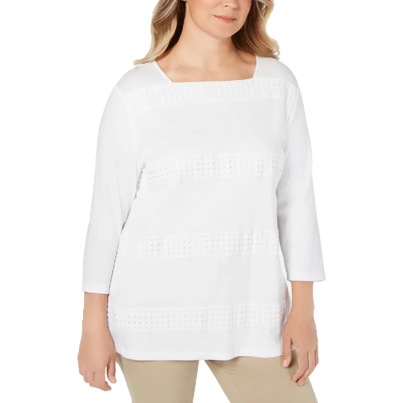 Karen Scott Womens Plus Cotton Crochet Blouse