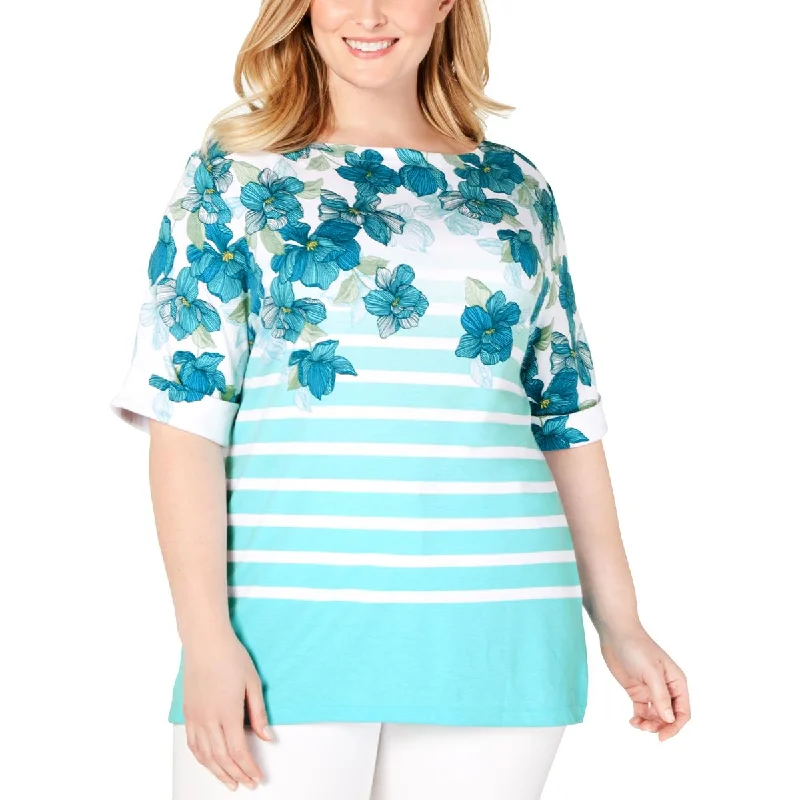 Karen Scott Womens Plus Floral Rolled Sleeves Knit Top