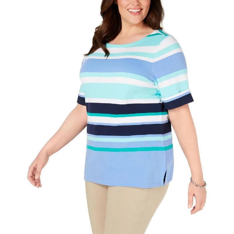 Karen Scott Womens Plus Martha Striped Boat Neck Casual Top