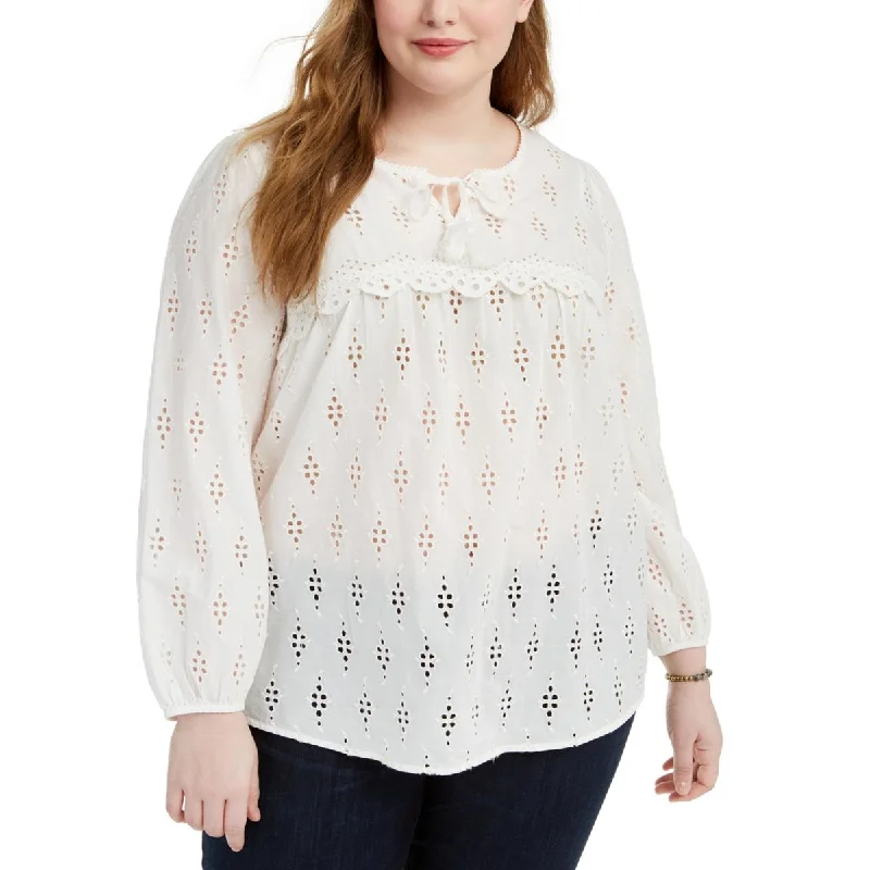 Style & Co. Womens Plus Sheer Eyelet Peasant Top