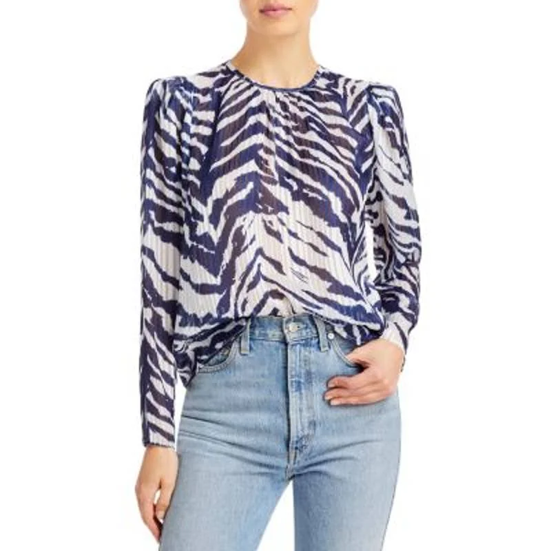 AQUA Ladies Navy Blue & White Sheer Printed Long Sleeve Shoulder Top