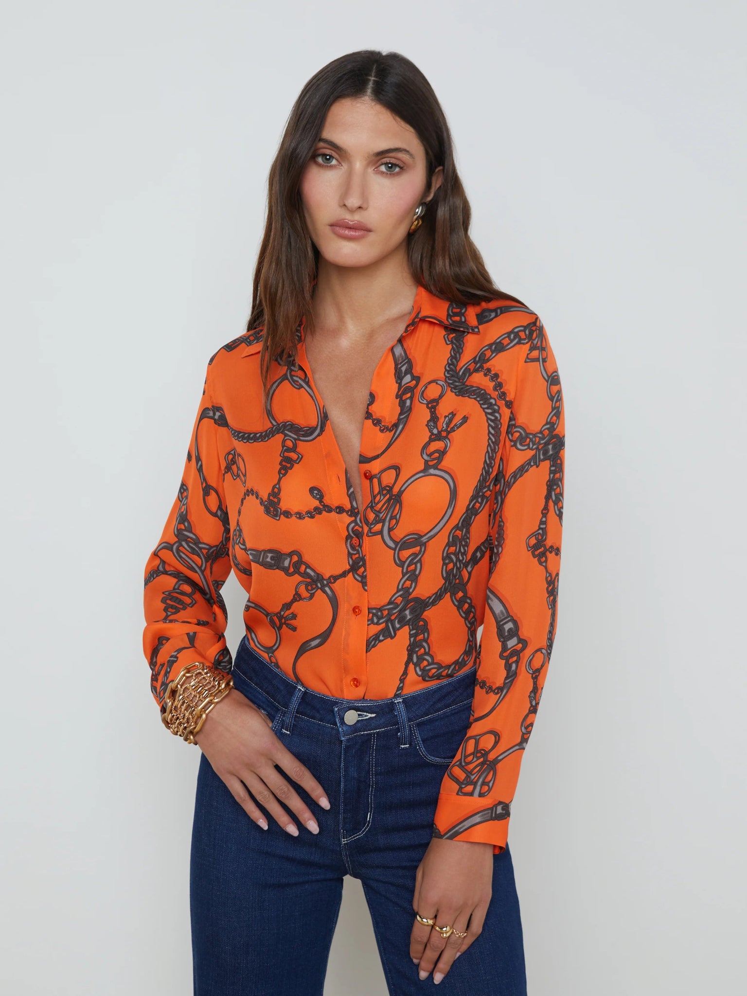 L’Agence - Nina Long Sleeve Silk Blouse in Orange Multi Buckle Chain