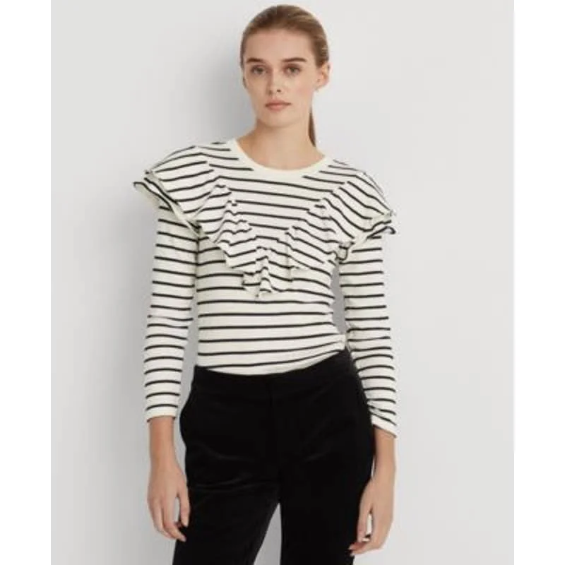 Lauren Ralph Lauren Women's Striped Ruffle Trim Long Sleeve Pale Cream & Black