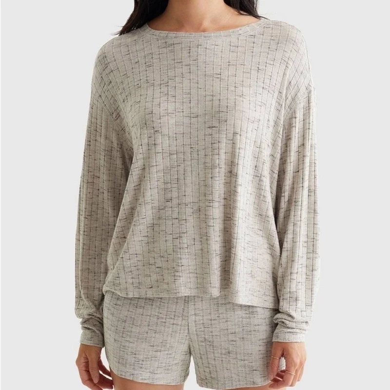 Lucky Brand Light Heather Gray Ribbed Blouse, Long Sleeve