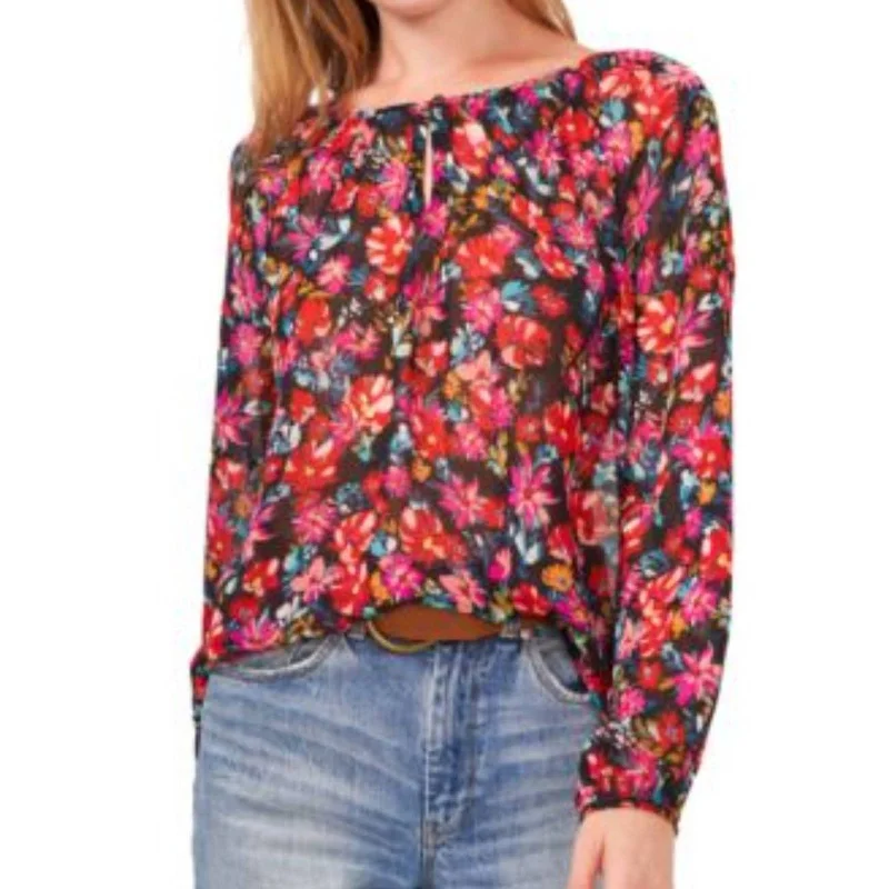 Vince Camuto Black & Red Floral Print Blouse, Long Sleeve, Keyhole Accent!