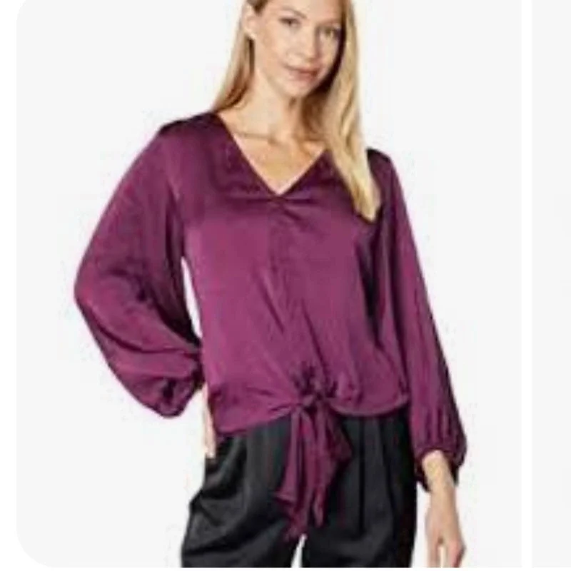 Vince Camuto Wine Purple Tie Front Blouse, Long Sleeve