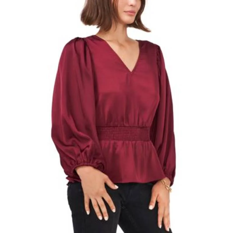 Vince Camuto Women's Long Sleeve Wine Red Peplum Top, Elastic Waist & Cuffs