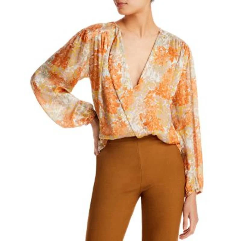 VINCE Ladies Shirred Long Sleeve Orange Floral "Garden" Top