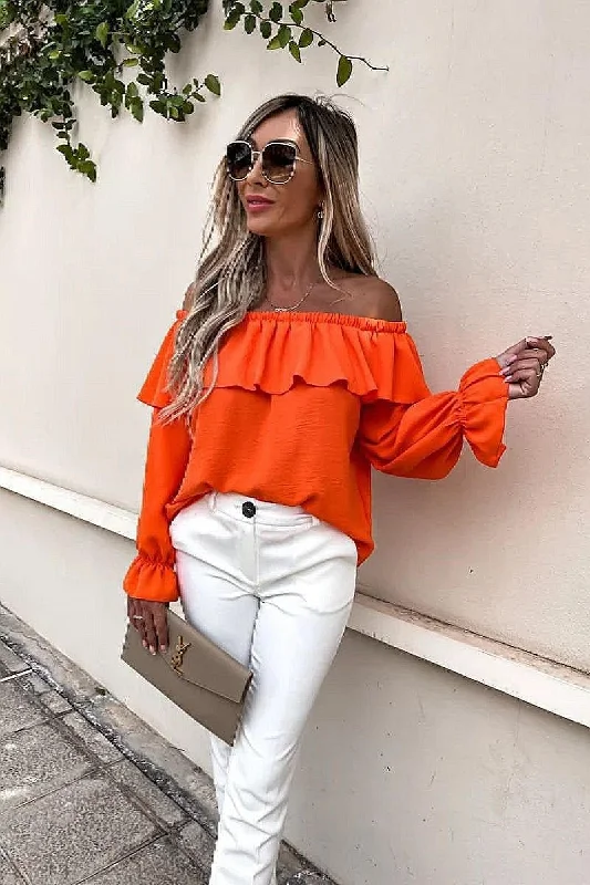 Orange Bardot Long Sleeve Frilled Top