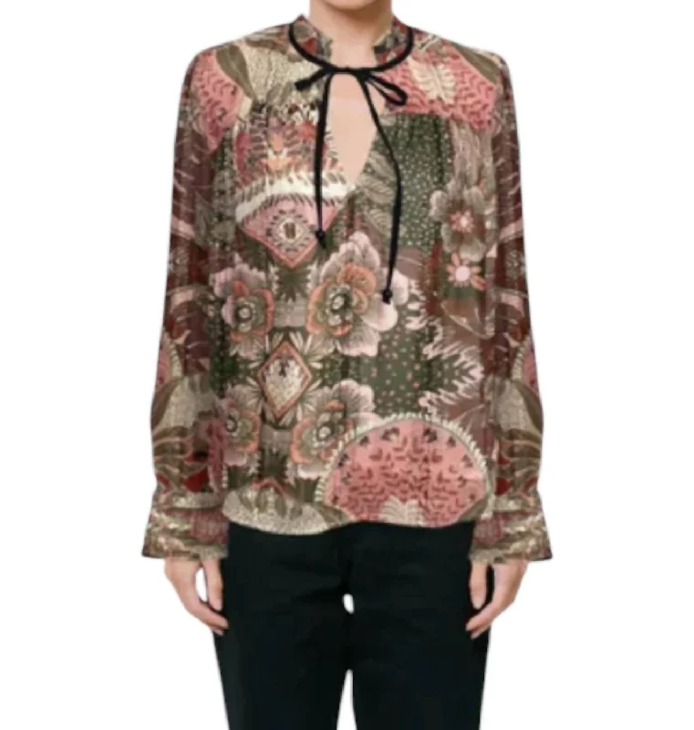 Rosalie Shirred Long Sleeve Blouse In Red Multi