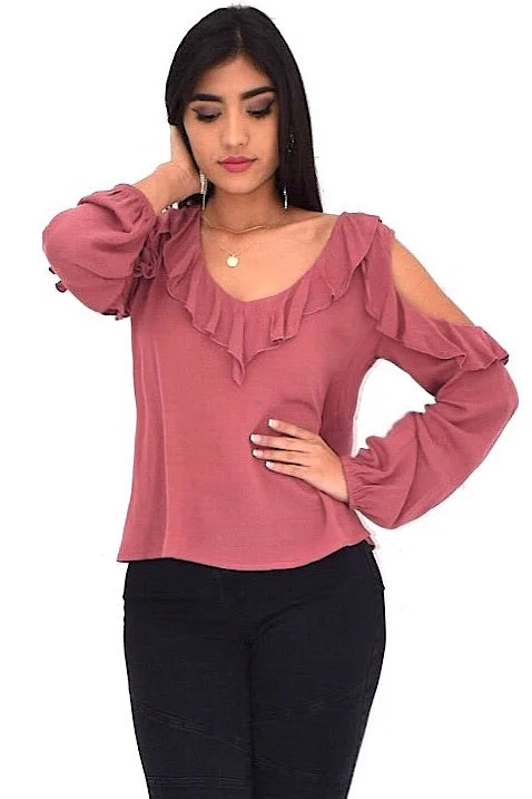 Sophia, Long sleeve cold shoulder blouse with ruffles