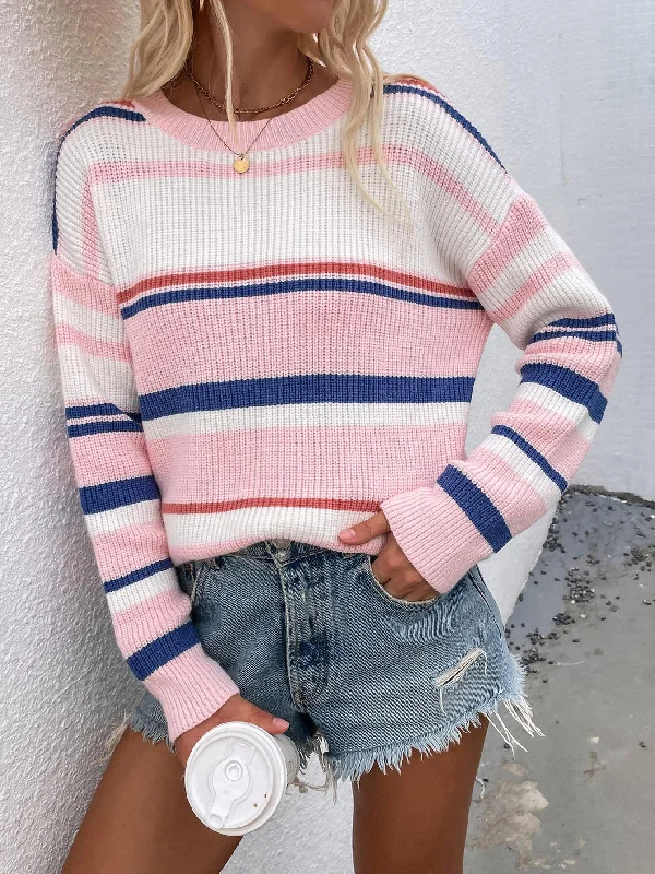 Hazel Blues® |  Striped Drop Shoulder Round Neck Pullover Sweater