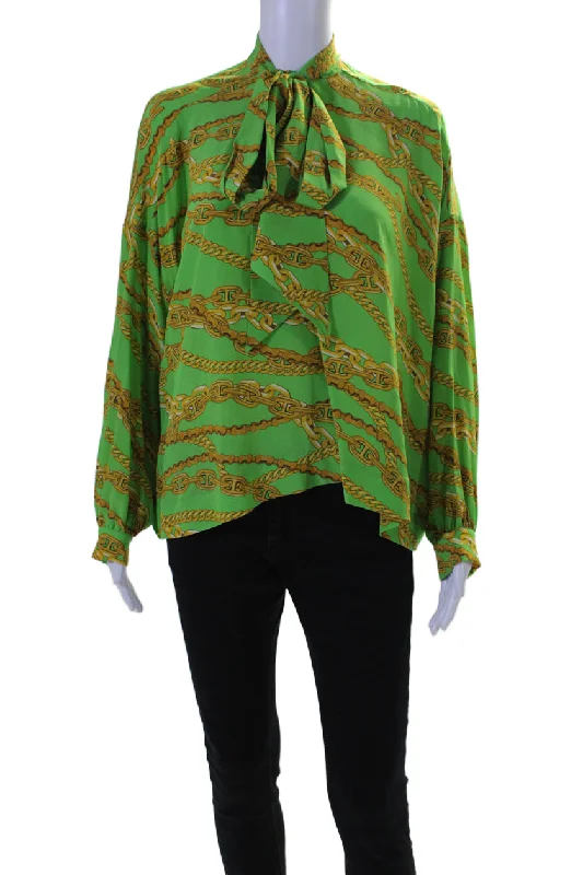 Balenciaga Womens Long Sleeve Tie Neck Chain Print Silk Top Green