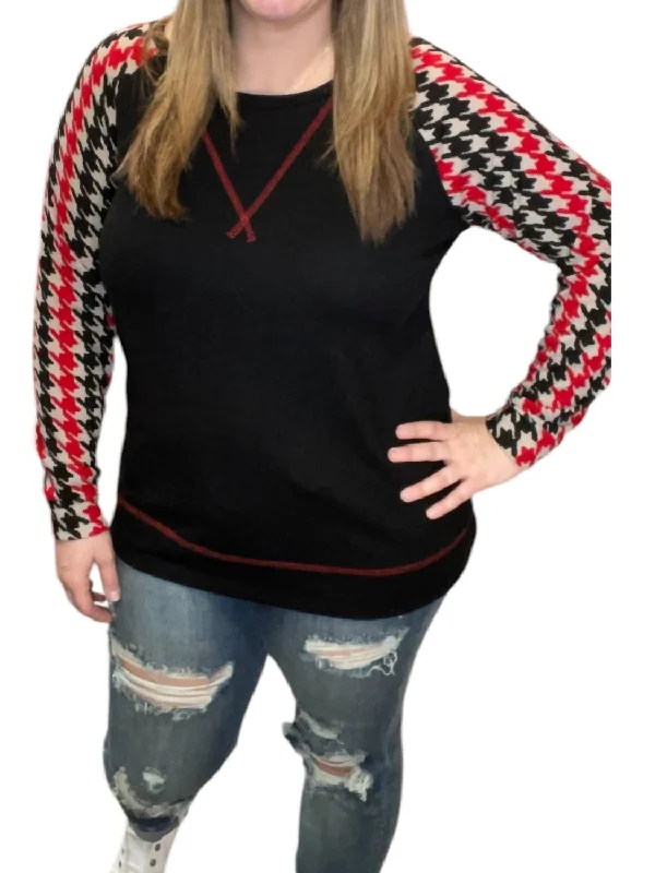 Houndstooth Long Sleeve Tee In Red/black