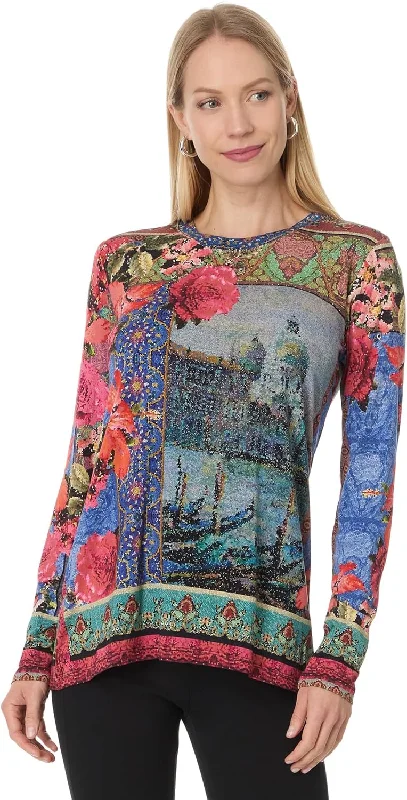 Johnny Was Women's The Janie Long Sleeve Crew Neck Tee, Grand Canel Scarf Print