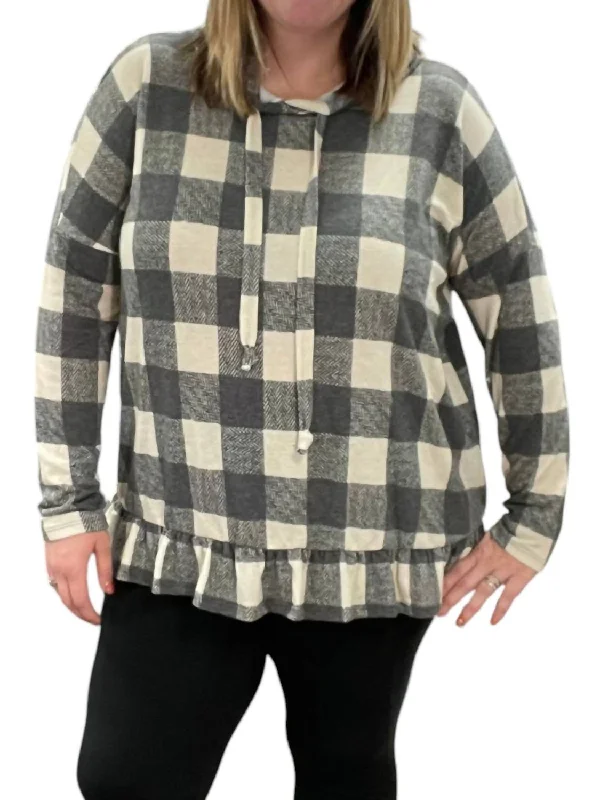 Plaid Hooded Long Sleeve Top In Ivory/charcoal