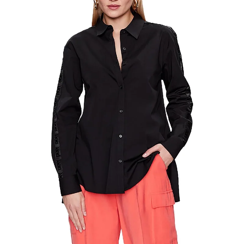 Womens Pleated Long Sleeve Button-Down Top